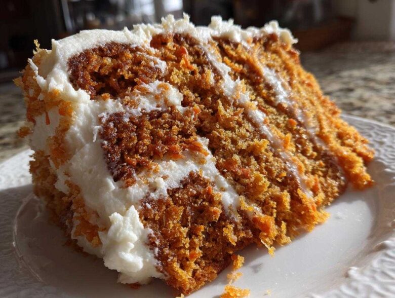 Close-up of a thick, moist slice of carrot cake recipe layered with rich cream cheese frosting.