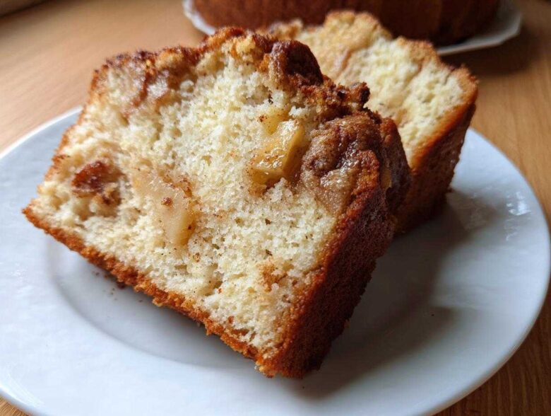 Close-up of two moist slices of Jewish apple cake showing tender crumb and caramelized apples.