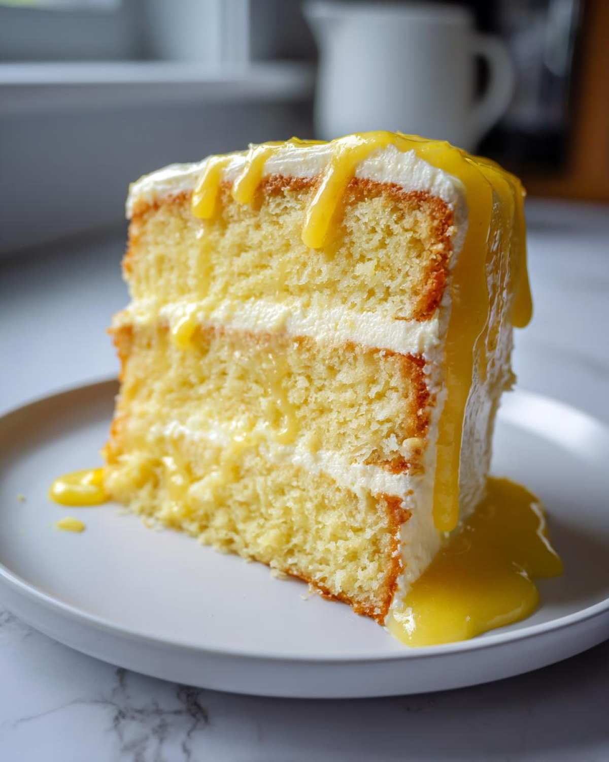 A tall slice of moist lemon cake recipe layered with white frosting and drizzled generously with bright yellow lemon curd.