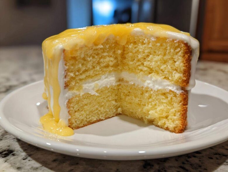Close-up of a moist slice of lemon cake recipe, showing two layers filled with cream and topped with dripping lemon curd.