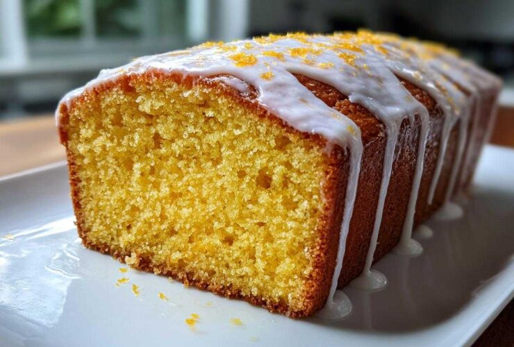 A close-up of a freshly baked lemon loaf sliced open, topped with white glaze and orange zest.
