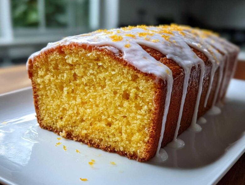 A close-up of a freshly baked lemon loaf sliced open, topped with white glaze and orange zest.