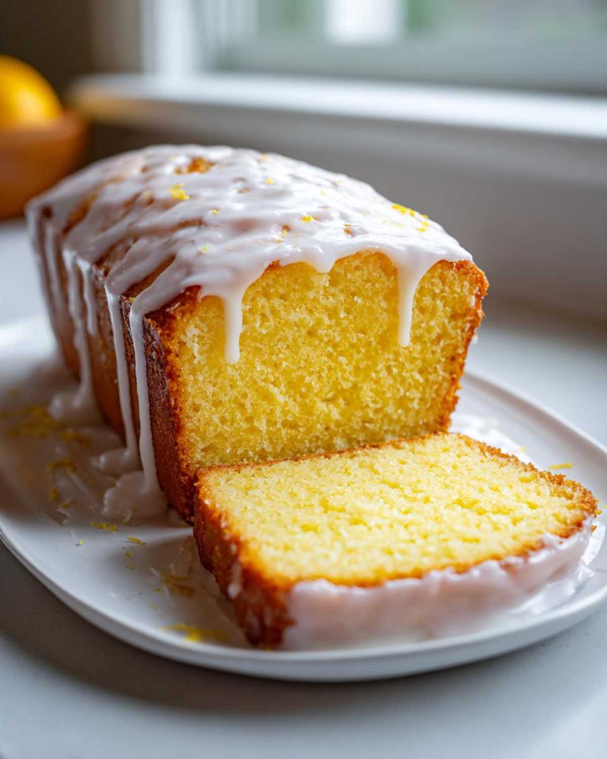 A slice cut from a moist lemon loaf topped with thick white lemon glaze and zest.