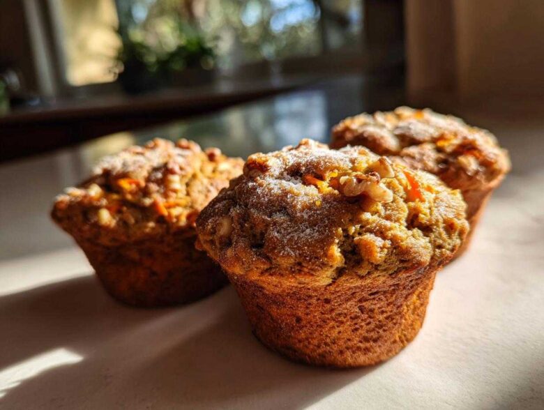 Three golden brown morning glory muffins topped with walnuts and powdered sugar, bathed in sunlight.