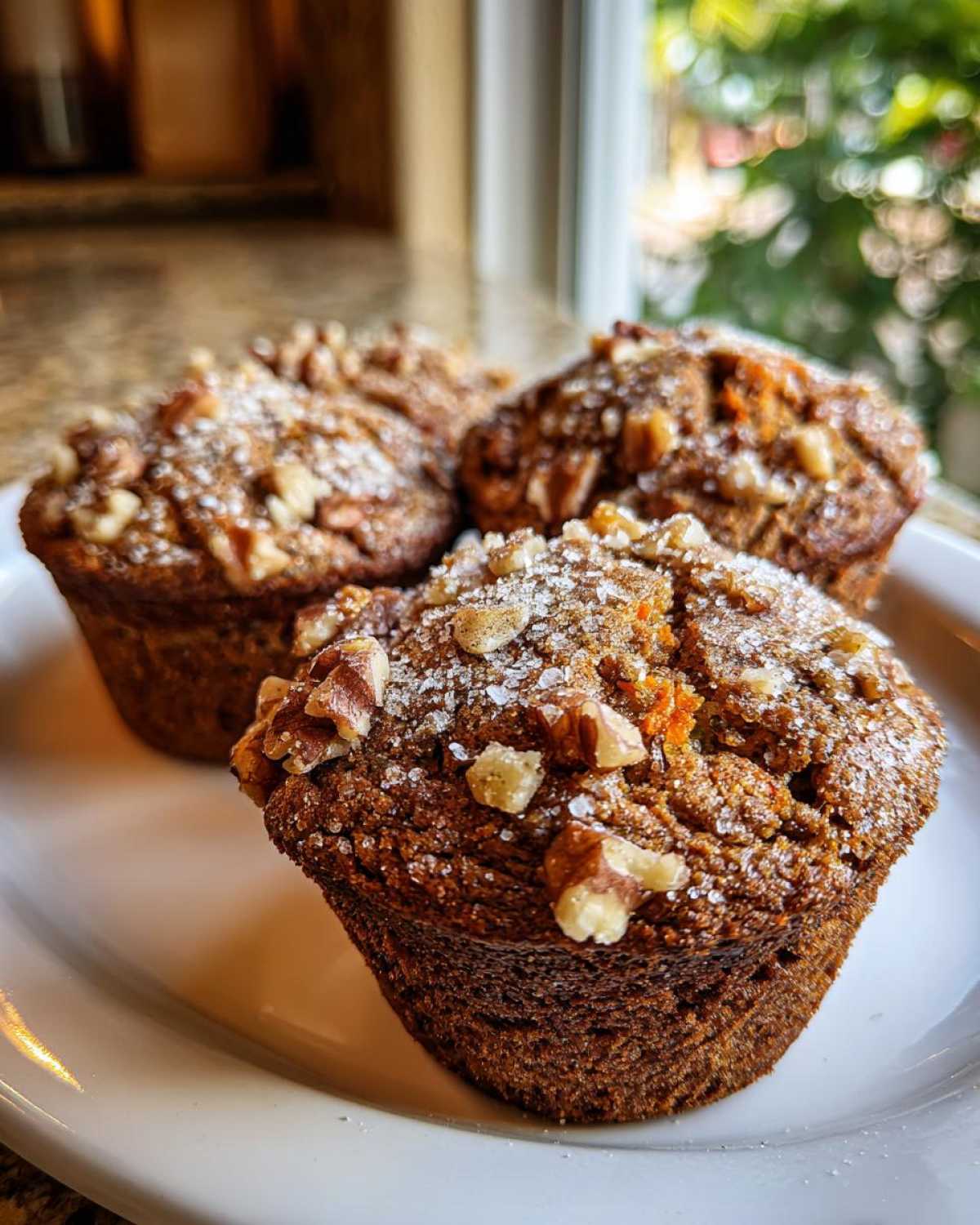 Three moist morning glory muffins topped with walnuts and coarse sugar on a white plate.