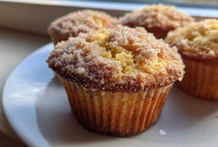 Close-up of a moist pistachio muffin topped with a generous layer of sparkling cinnamon sugar.