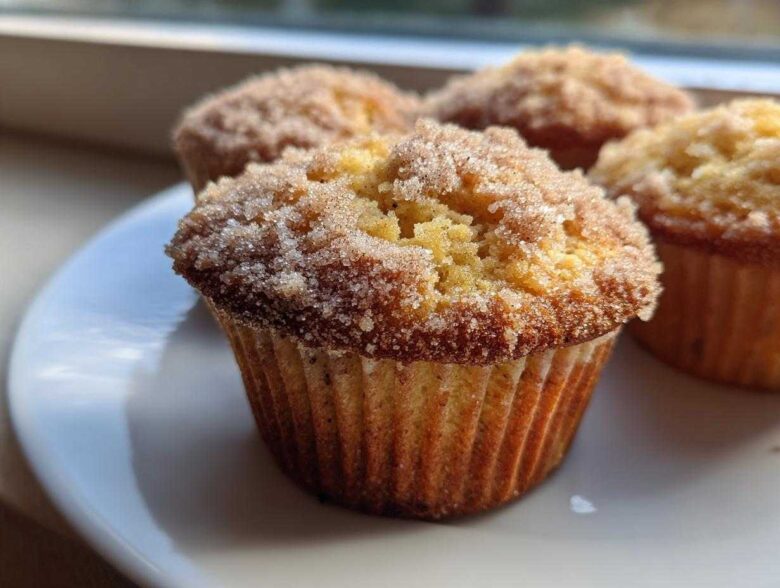Close-up of a moist pistachio muffin topped with a generous layer of sparkling cinnamon sugar.