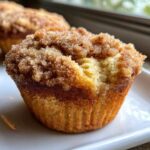 Close-up of a moist pistachio muffin with a thick, sugary cinnamon crumb topping, showing a bite taken out.