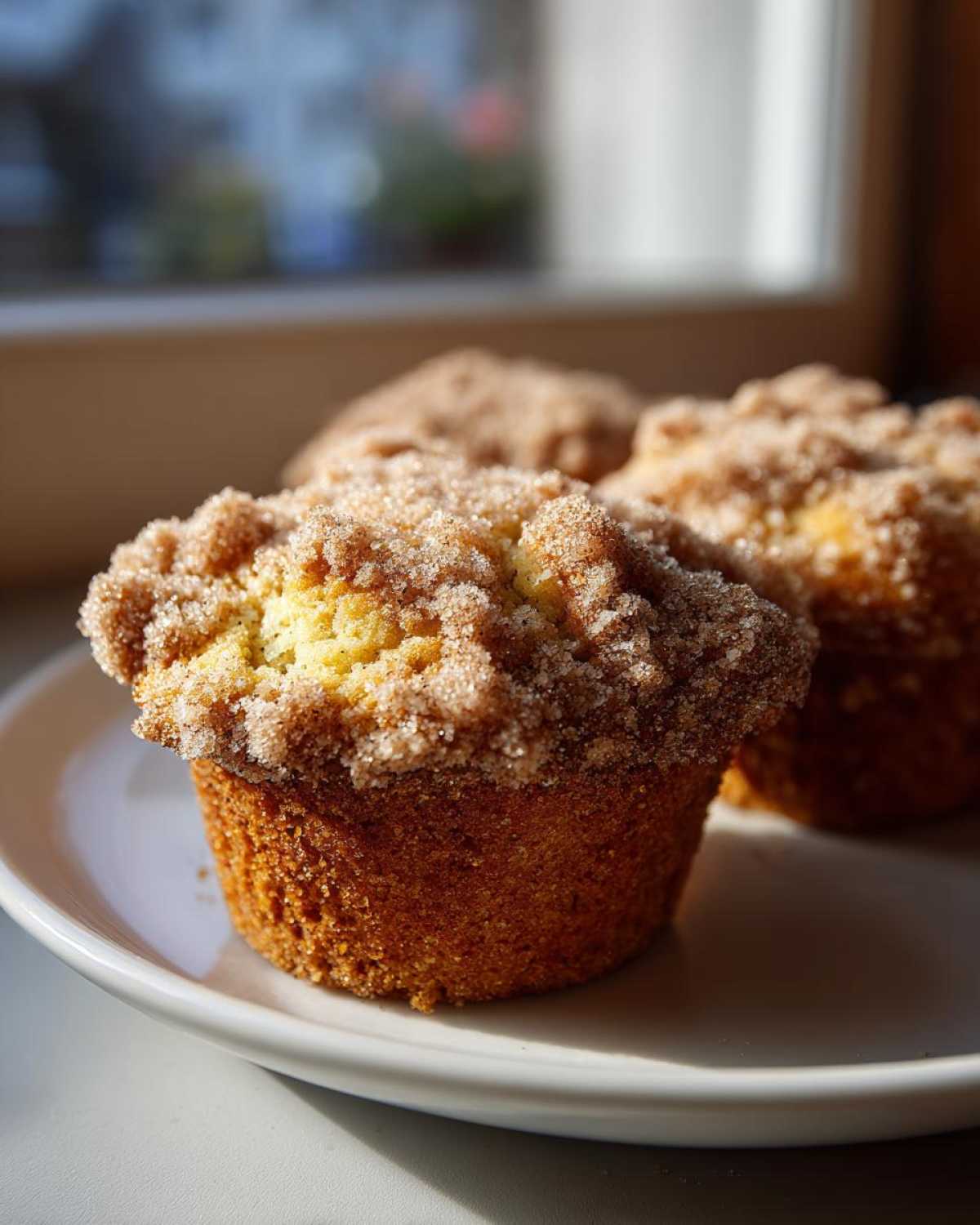Close-up of a moist pistachio muffin topped with a thick layer of cinnamon sugar streusel, sitting on a white plate.