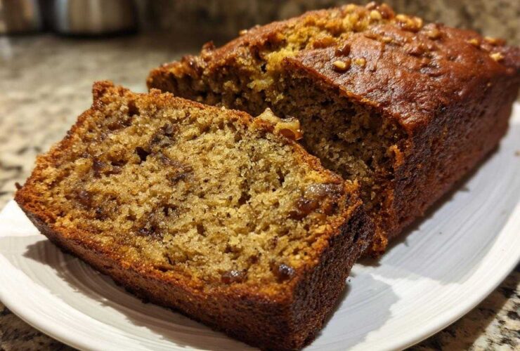 A close-up of a freshly baked, moist loaf of sugar free banana bread, partially sliced and topped with walnuts.