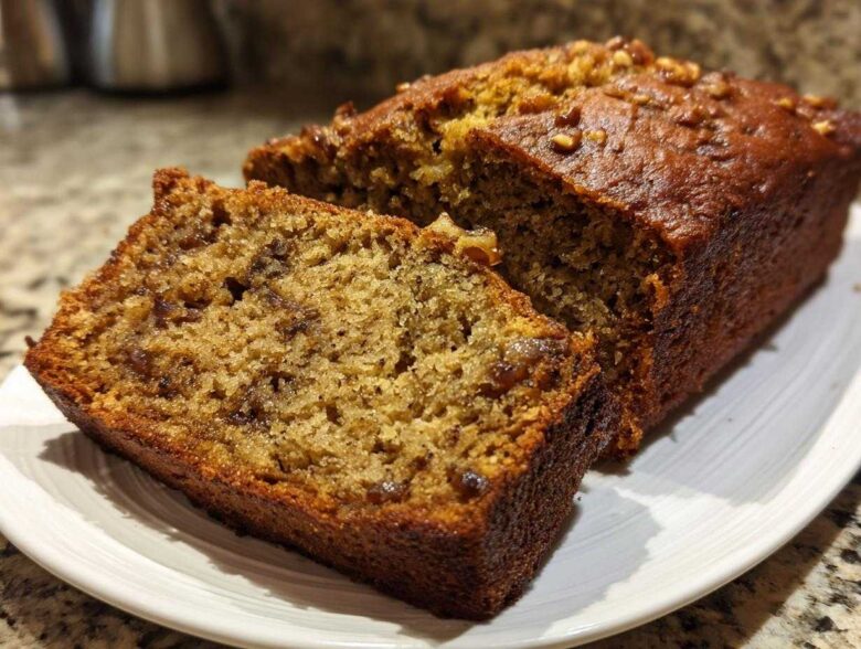 A close-up of a freshly baked, moist loaf of sugar free banana bread, partially sliced and topped with walnuts.