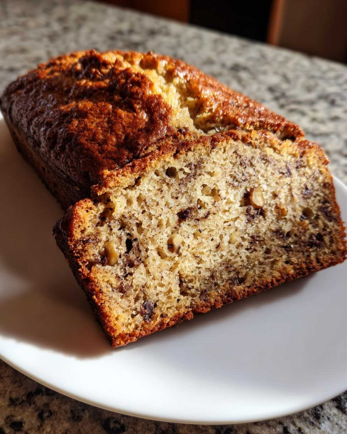 A slice cut from a loaf of moist sugar free banana bread, showing walnuts and a golden brown crust.