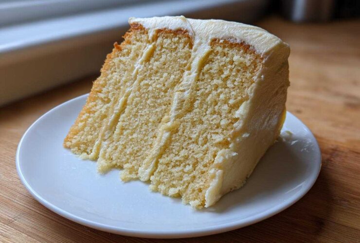 A generous slice of moist vanilla cake recipe layered with creamy white frosting, sitting on a small white plate.