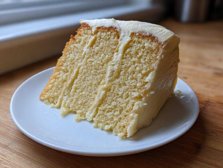 A generous slice of moist vanilla cake recipe layered with creamy white frosting, sitting on a small white plate.