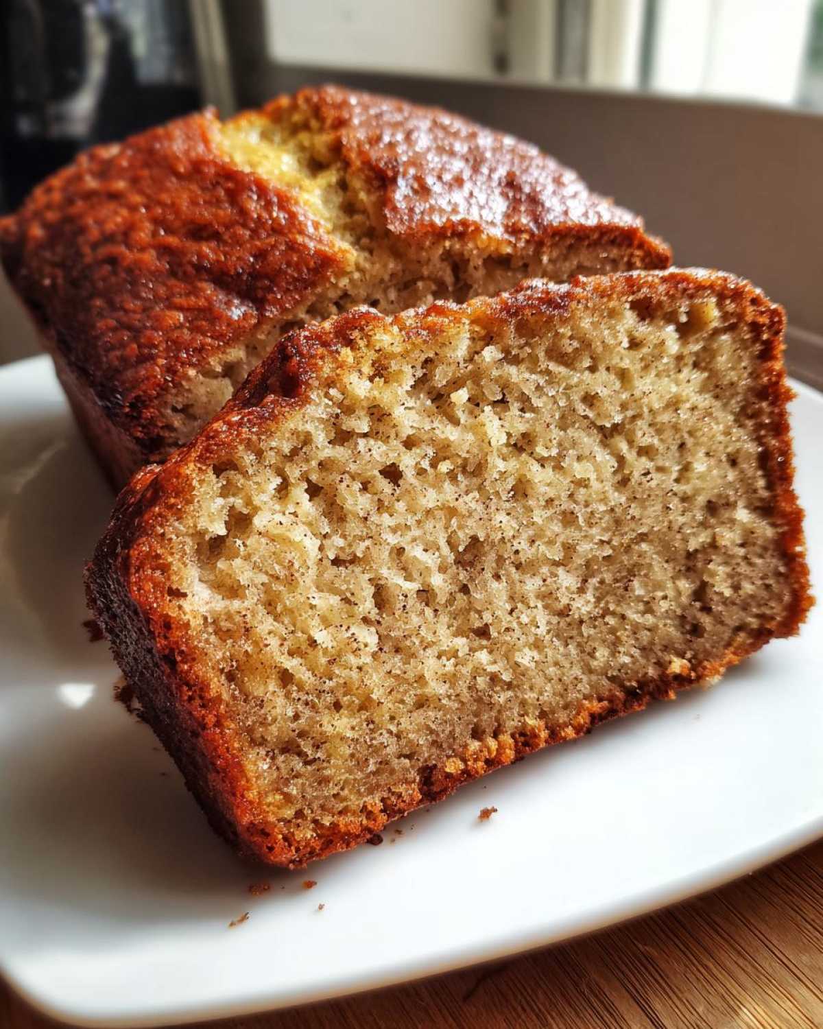 Close-up of a thick slice of moist vegan banana bread showing its tender crumb and dark, caramelized edges.