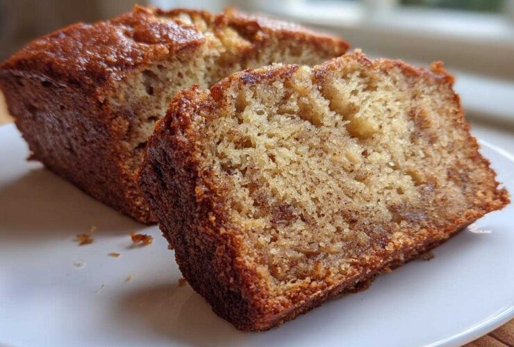 Close-up of a moist slice of vegan banana bread with a dark, caramelized crust, served on a white plate.