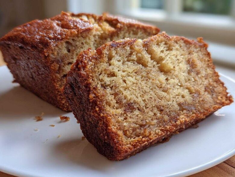 Close-up of a moist slice of vegan banana bread with a dark, caramelized crust, served on a white plate.