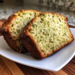 Two thick slices of moist zucchini banana bread showing flecks of green zucchini baked into the light crumb.