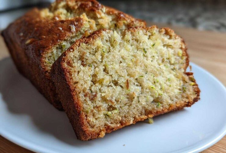 Close-up of moist zucchini banana bread, showing two slices cut from the loaf on a white plate.