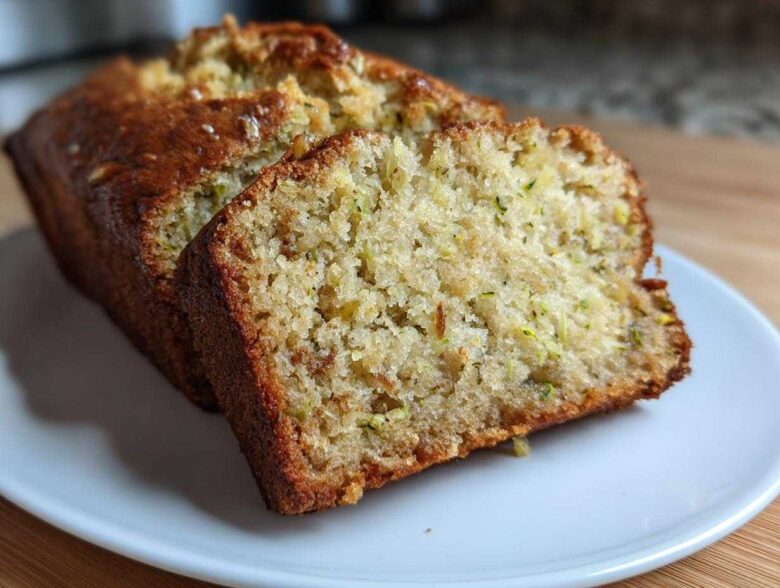 Close-up of moist zucchini banana bread, showing two slices cut from the loaf on a white plate.