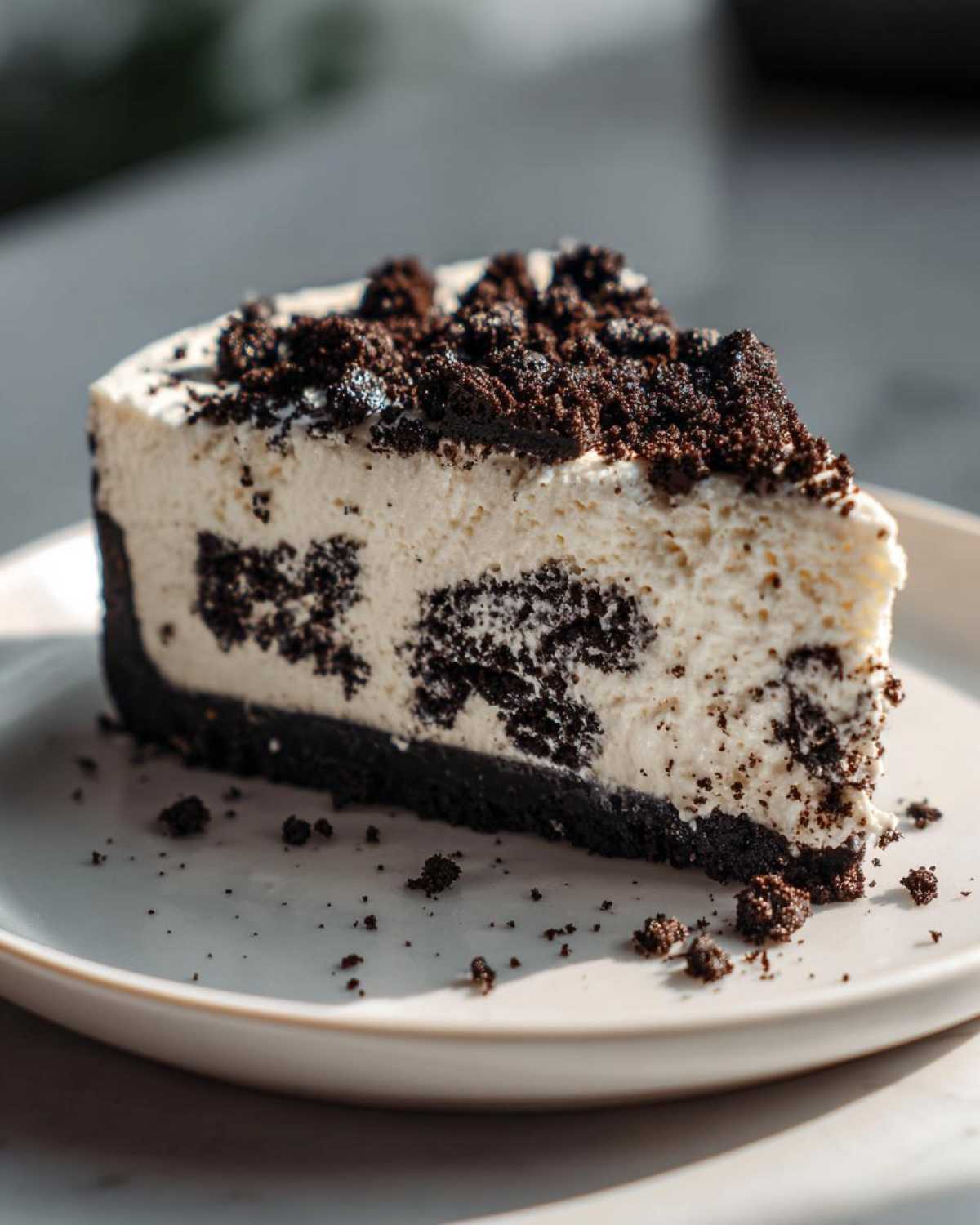 A decadent slice of no-bake Oreo cheesecake with a dark cookie crust and creamy filling studded with cookie pieces.