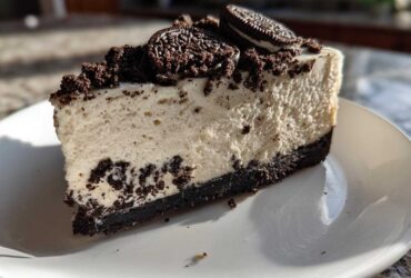 A close-up slice of creamy no-bake Oreo cheesecake with a dark cookie crust and crumbled topping.