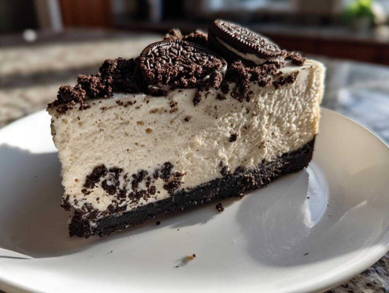 A close-up slice of creamy no-bake Oreo cheesecake with a dark cookie crust and crumbled topping.