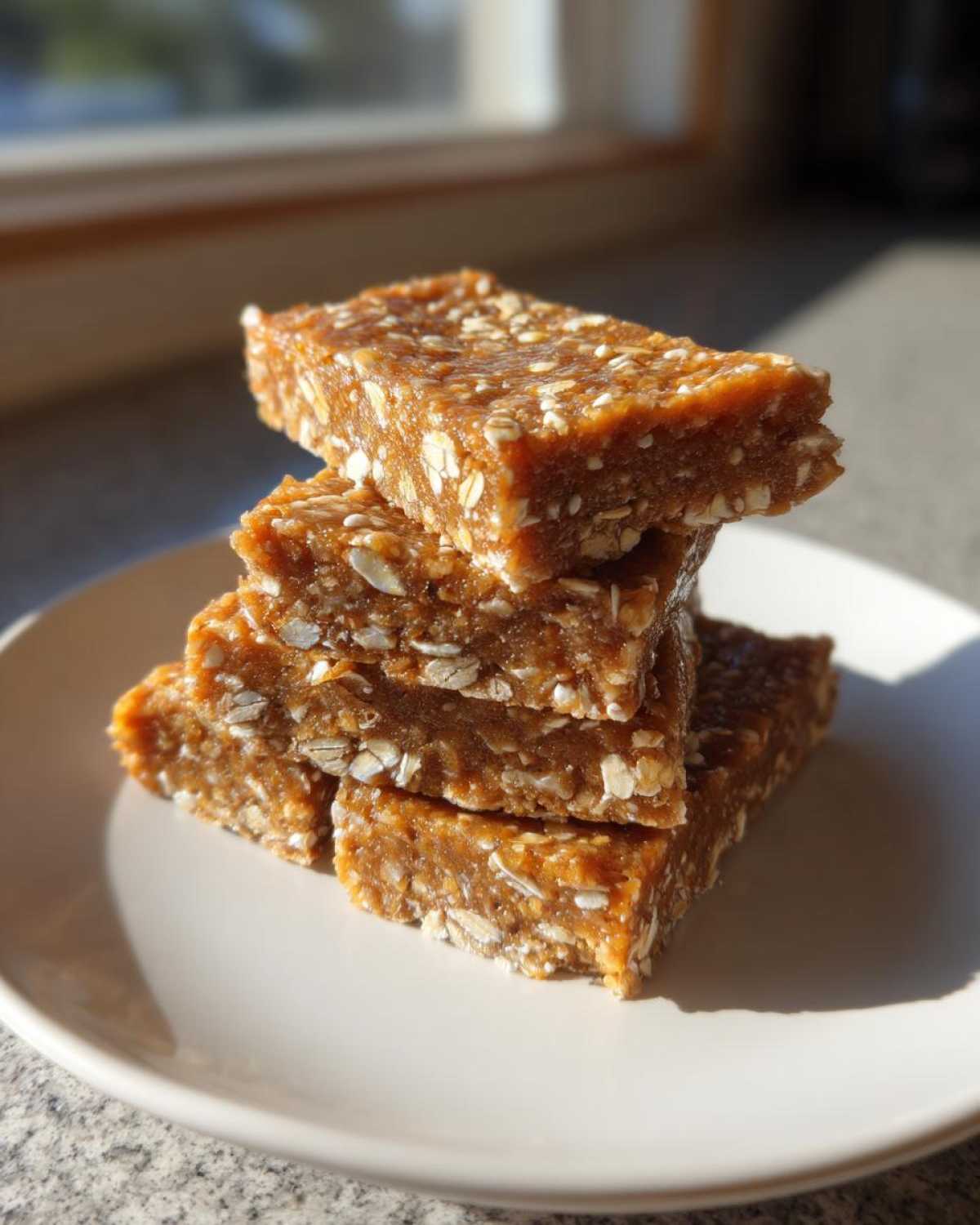 A stack of four homemade, no-bake protein bars featuring visible rolled oats, sitting on a white plate in bright sunlight.