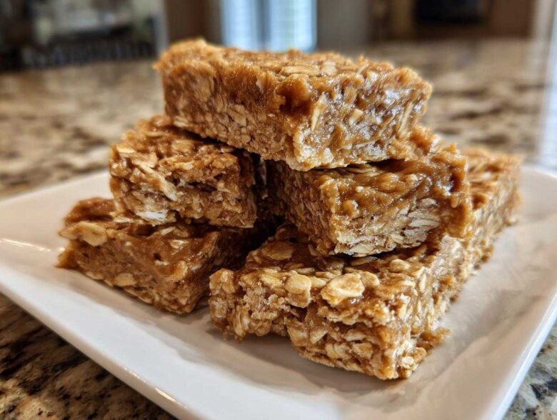 A stack of homemade, chewy no-bake protein bars made with oats, displayed on a rectangular white plate.