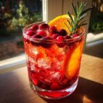A refreshing glass of non-alcoholic christmas punch filled with ice, whole cranberries, and garnished with an orange slice and rosemary.
