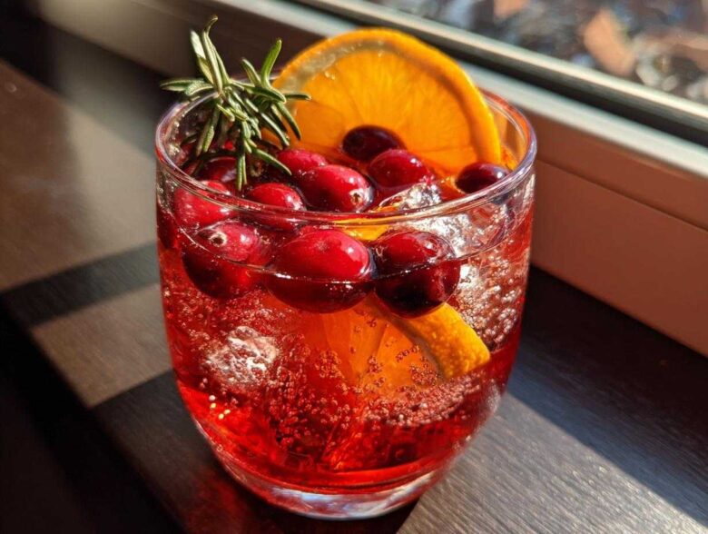 Close-up of a glass filled with bright red non-alcoholic christmas punch, garnished with fresh cranberries, an orange slice, and rosemary.