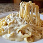 Fork lifting fettuccine noodles coated in rich, creamy Olive Garden Alfredo Sauce and black pepper.