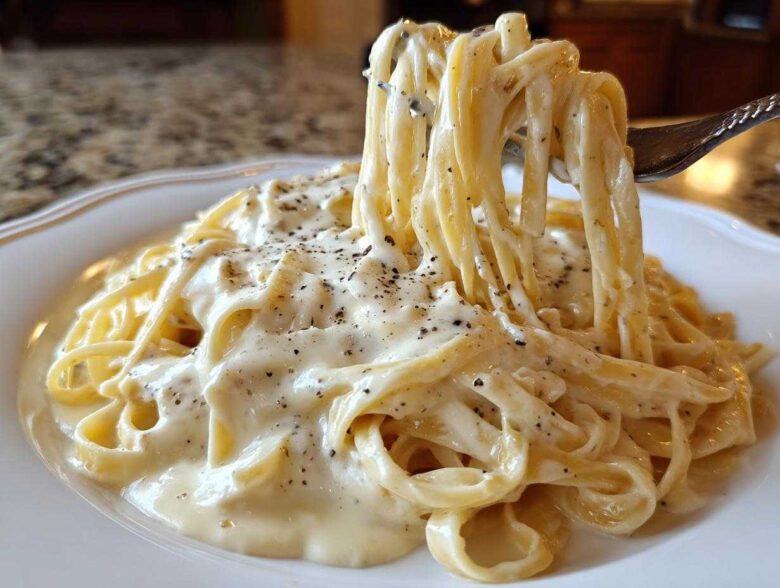 Fork lifting fettuccine noodles coated in rich, creamy Olive Garden Alfredo Sauce and black pepper.