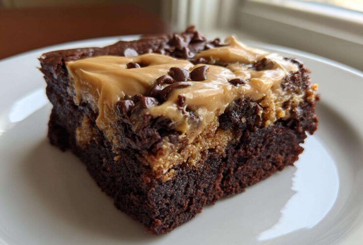Close-up of a rich, fudgy banana bread brownies slice topped with peanut butter swirl and chocolate chips.