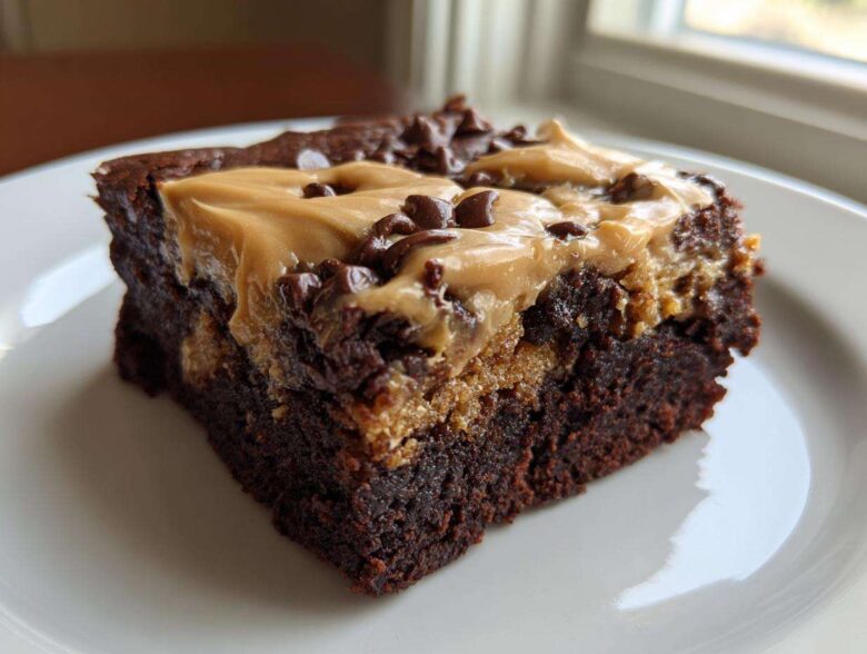 Close-up of a rich, fudgy banana bread brownies slice topped with peanut butter swirl and chocolate chips.