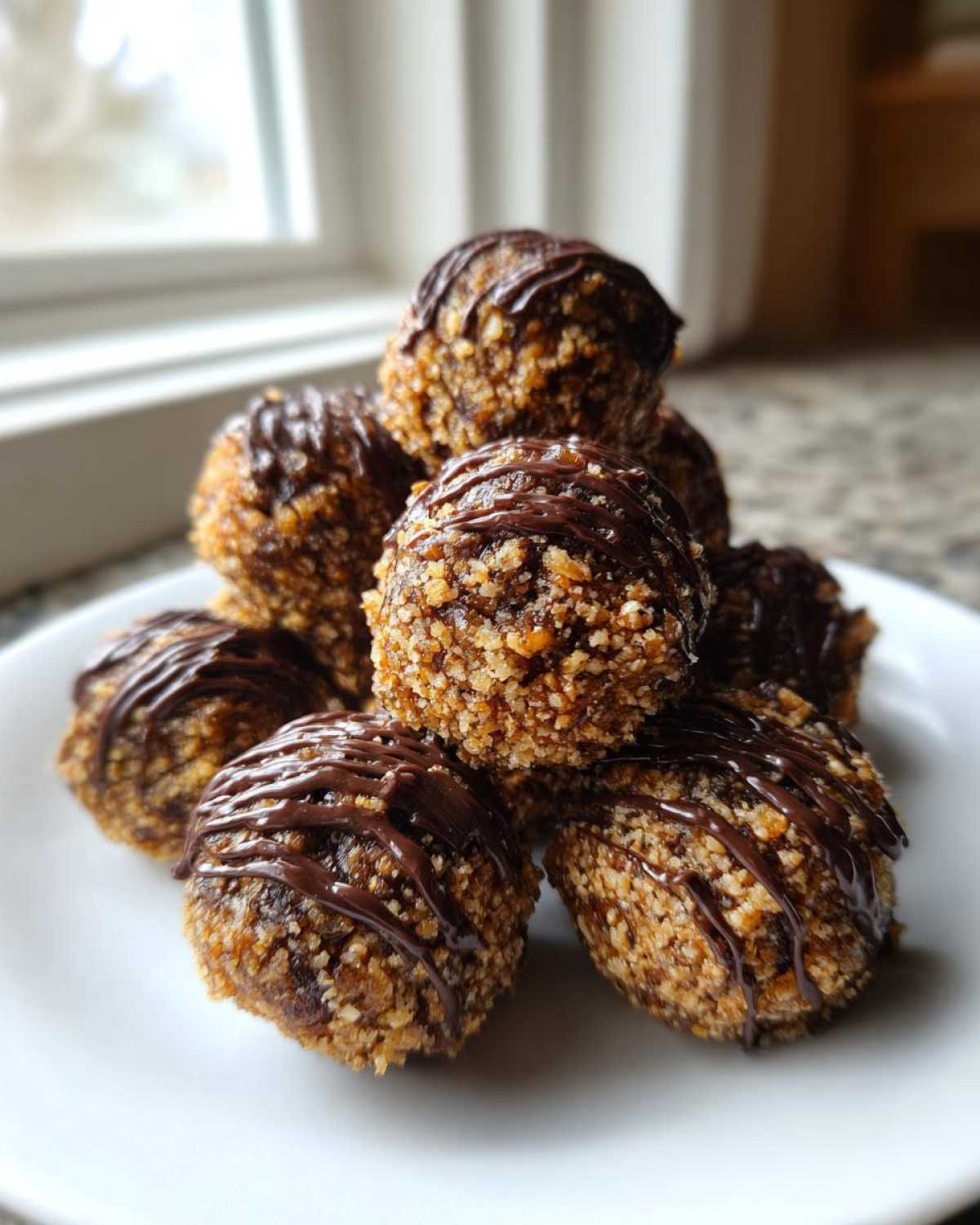 A stack of rich pecan pie balls coated in chopped nuts and drizzled with dark chocolate.