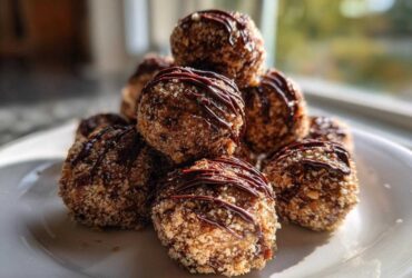A stack of homemade pecan pie balls rolled in nuts and drizzled with dark chocolate on a white plate.
