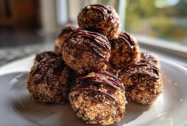 A stack of homemade pecan pie balls rolled in nuts and drizzled with dark chocolate on a white plate.