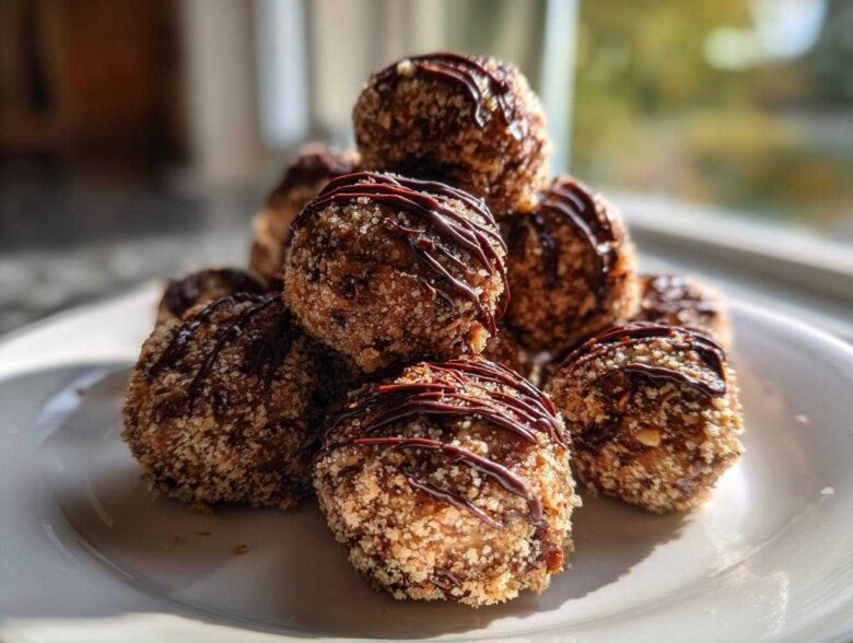 A stack of homemade pecan pie balls rolled in nuts and drizzled with dark chocolate on a white plate.