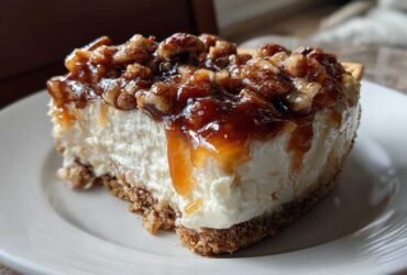 A thick slice of creamy pecan pie dip on a white plate, topped with gooey caramel and chopped pecans.