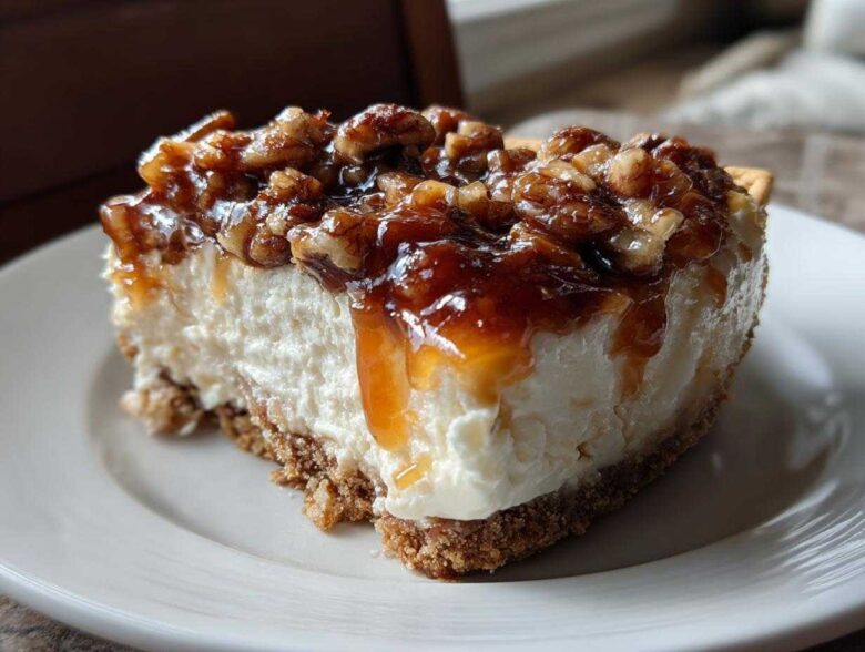 A thick slice of creamy pecan pie dip on a white plate, topped with gooey caramel and chopped pecans.