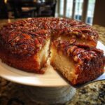 A slice being lifted from a glistening pecan upside down cake, showing the moist crumb and sticky topping.