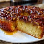 A slice cut from a moist pecan upside down cake, featuring a glossy, caramelized pecan topping.