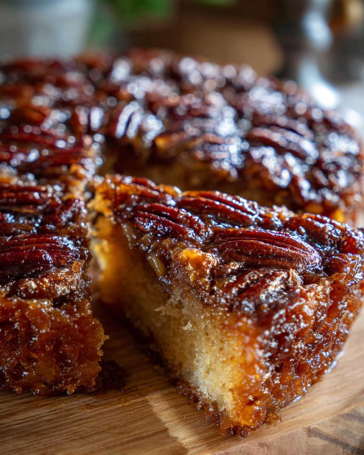 Close-up of a slice being removed from a moist pecan upside down cake, showing the sticky caramel and pecan topping.