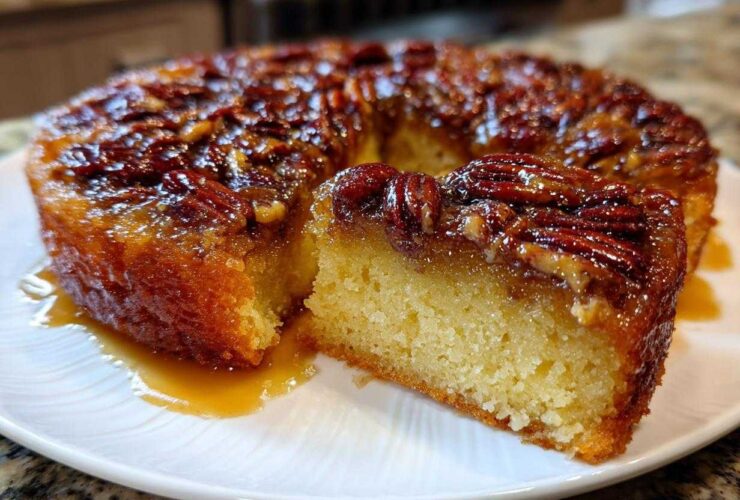 A slice cut from a moist pecan upside down cake, featuring a glossy, caramelized pecan topping.