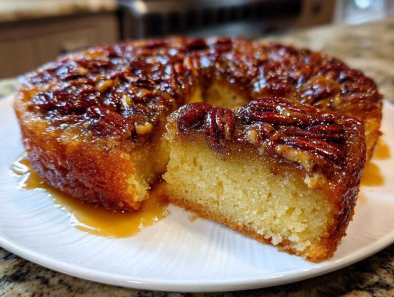A slice cut from a moist pecan upside down cake, featuring a glossy, caramelized pecan topping.
