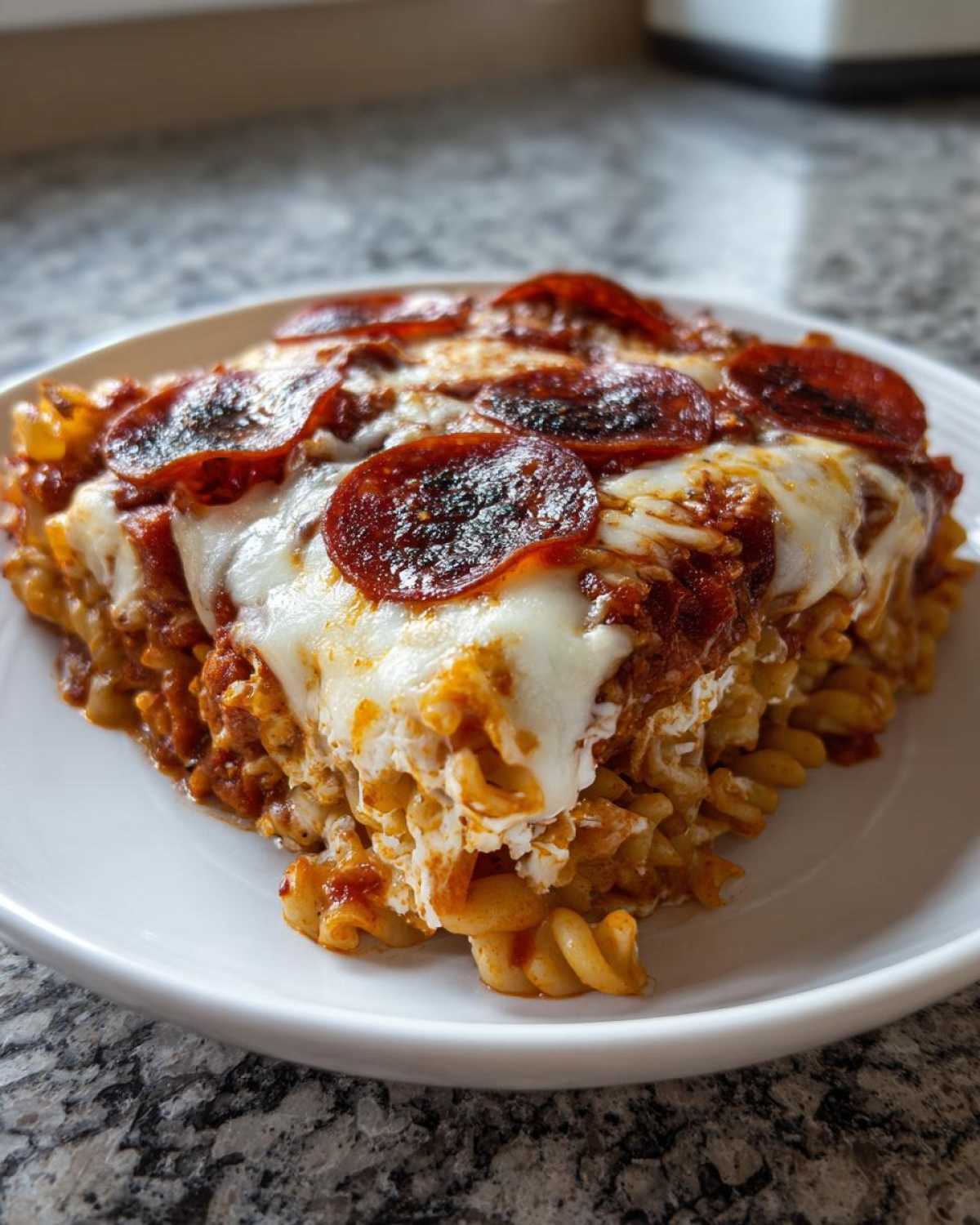 A generous slice of pepperoni pizza casserole featuring rotini pasta, rich sauce, and melted mozzarella cheese on a white plate.