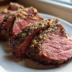 Close-up of medium-rare prime rib recipe slices showing a thick herb and garlic crust.