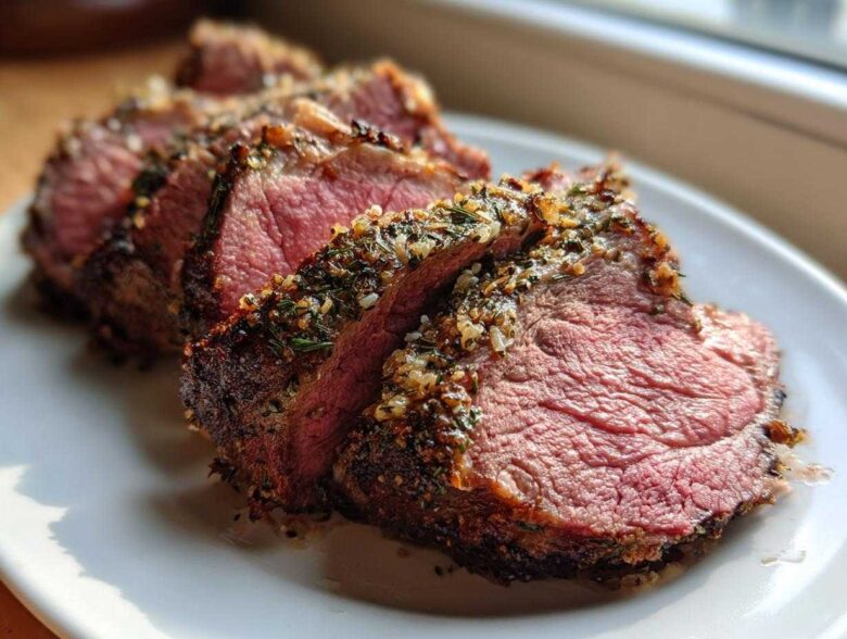 Close-up of medium-rare prime rib recipe slices showing a thick herb and garlic crust.