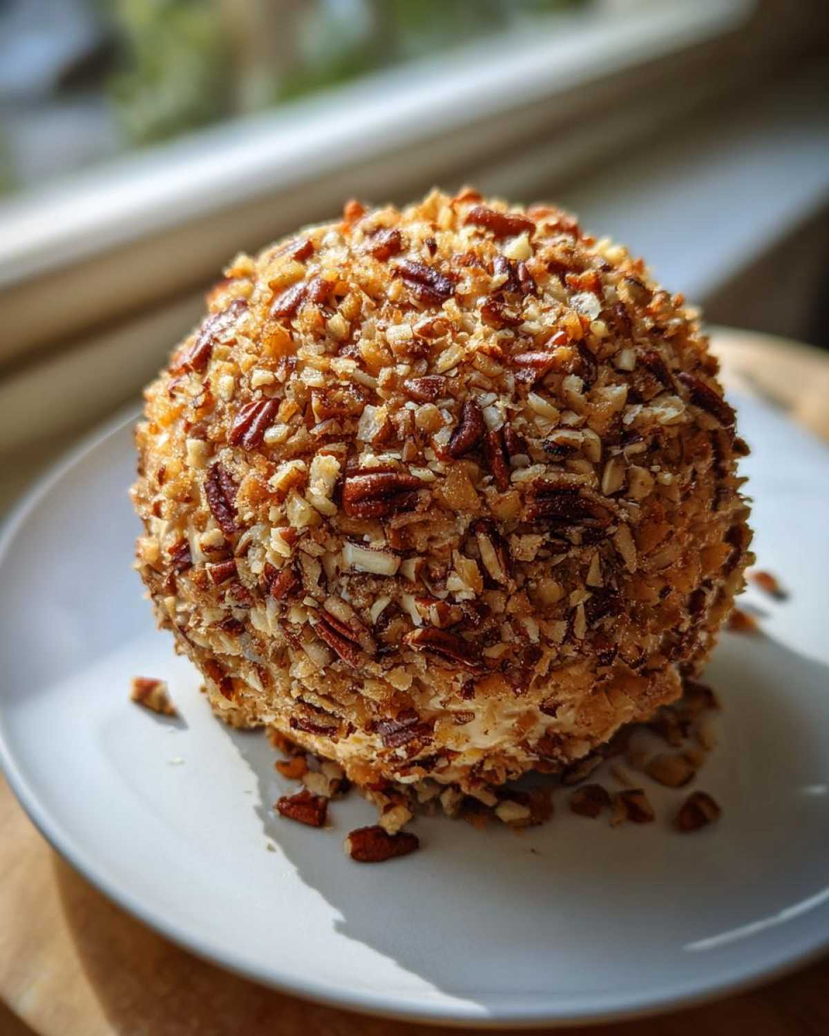 A perfectly round pineapple cheese ball completely coated in chopped pecans, sitting on a white plate.